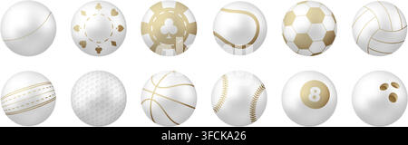 Collection élégante de balles de sport et de jeu blanches et dorées représentant diverses activités athlétiques et passe-temps de loisirs avec un design minimaliste luxueux Illustration de Vecteur