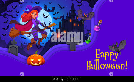 Carte de vœux Happy Halloween en papier découpé avec une sorcière amusante sur son balai. Carte vectorielle violette vibrante mettant en vedette un château sombre, des chauves-souris, des pierres tombales, des citrouilles, de la magie Illustration de Vecteur