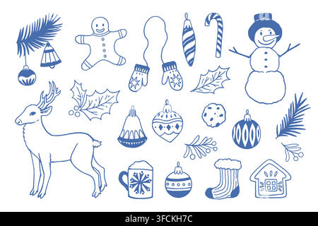 Ensemble de cliparts de Noël vintage dessinés à la main. Illustrations vectorielles de doodles mignons isolés sur fond blanc. Illustration de Vecteur