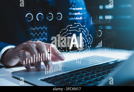 Concept d'analyse de données IA et d'intelligence commerciale. Homme d'affaires utilisant des tableaux de bord numériques, des insights prédictifs, l'automatisation, la surveillance des performances Banque D'Images