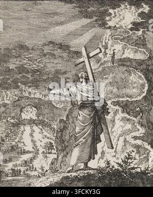 Femme avec une croix regarde depuis la route étroite les nombreuses figures sur la route large, gravure, numéro : '15', graveur : Jan Luyken, Amsterdam, 1704, papier, eau-forte, épreuve, hauteur 93 mm x largeur 77 mm, voyage vers le ciel, chemin vers le ciel, la voie large, doctrine du Christ sur l'amour, la voie étroite. Une gravure monochrome montre une figure vêtue vue de dos debout sur une corniche rocheuse et tenant une grande croix en bois sur une épaule tout en tendant un bras vers l'extérieur ; des nuages remplissent le ciel avec un hachurage croisé détaillé et des rayons de lumière traversant, un chemin ou une rivière sinueux court en dessous avec de minuscules Banque D'Images