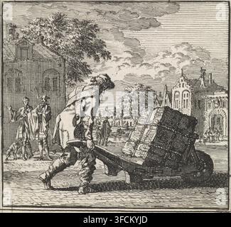 Homme transportant un paquet lourd sur une brouette, La Brouette, impression, illustration de livre, graveur : Jan Luyken, éditeur : Arentsz & Cornelis van der Sys, veuve Pieter (II), Amsterdam, 1711, papier, eau-forte, hauteur 82 mm x largeur 88 mm, Illustration pour : Luyken, Jan. Le Panier de l'Esprit. Amsterdam : Pieter Arentsz. II (veuve) et Cornelis van der Sys, p. 178., Une gravure en lignes noir et blanc détaillée montre une scène avec un homme au premier plan penché en avant et tirant sur une grande poutre en bois attachée à un chariot lourdement chargé avec des ballots arrondis empilés et un revêtement texturé ; le ma Banque D'Images