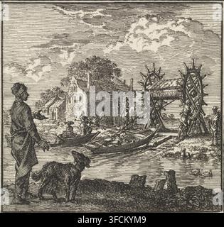 Un bateau est tiré d'un plan d'eau à un autre par un treuil à voile, De Overhaal, impression, illustration de livre, graveur : Jan Luyken, éditeur : Arentsz & Cornelis van der Sys, veuve Pieter (II), Amsterdam, 1711, papier, eau-forte, hauteur 83 mm x largeur 85 mm, bateau à rames, canoë, chien. Une gravure détaillée en noir et blanc montre une scène de bord de mer avec plusieurs petits bateaux amarrés le long d'une rive, un homme debout à gauche portant un long manteau et un chapeau face à l'eau, et un chien près de ses pieds regardant les bateaux ; au milieu, des personnes sont assises dans un bateau et debout près de l'eau, tandis que sur Banque D'Images