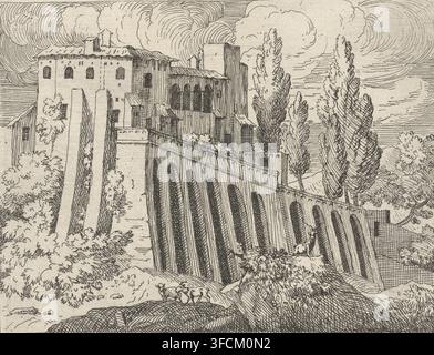 Bâtiment dans un paysage, paysages italiens, estampe, Un bâtiment dans un paysage, la terrasse repose sur de hautes arcades. L'estampe fait partie d'une série de neuf estampes représentant des paysages italiens., graveur : Govert van der Leeuw, 1655 - 1688, papier, eau-forte, hauteur 110 mm x largeur 139 mm, vue de ville et paysage avec constructions artificielles, arcade, architecture., Un dessin détaillé à la plume et à l'encre d'une scène de colline montrant un grand bâtiment en pierre à plusieurs niveaux avec des fenêtres en arc et un toit en tuiles, relié à un long aqueduc ou terrasse en arc qui descend la colline ; de grands arbres minces s'élèvent Banque D'Images