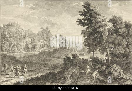 Paysage avec tombeau et trois femmes se baignant, paysages italiens et allemands, estampe, paysage arcadien avec deux femmes sur un chemin à gauche, trois femmes se baignant à droite. Un tombeau en arrière-plan. L'estampe fait partie d'une série de 40 estampes représentant des paysages italiens et allemands., graveur : Adolf van der Laan, d'après un dessin de Johannes Glauber, éditeur : Leonard Schenk, Amsterdam, 1710 - 1747, 1721, papier, gravure à l'eau-forte, hauteur 240 mm x largeur 367 mm, paysages avec eaux, paysages aquatiques, paysages marins (dans la zone tempérée), tombe, tombeau, lavage et baignade., Un paysage monochrome détaillé Banque D'Images