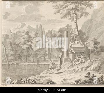 Paysage arcadique avec tombe, estampe, Paysage montagneux avec une ville en arrière-plan. Le long d'un lac, un homme avec un chien marche vers deux femmes et un homme reposant. Sur une plateforme surélevée se dresse une tombe avec un buste et une femme de chaque côté., graveur : Michiel Elgersma, Pays-Bas, d'après un dessin de Louis Fabritius Dubourg, Amsterdam, 1721 - 1759, papier, eau-forte, hauteur 263 mm x largeur 313 mm, pastorales, scènes arcadiques., Une gravure monochrome détaillée représente une scène riveraine avec un plan d'eau calme au premier plan et une rive rocheuse couverte d'arbres. Sur la rive proche, un homme debout tient une Banque D'Images