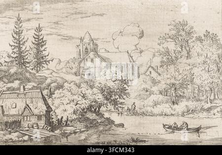 Tonnes et planches sur la rive, impression, Paysage fluvial avec vue sur une église. Dans un canoë, deux personnes tirent un filet de pêche. Sur la rive, près d'une maison, gisent quelques planches et tonneaux., graveur : Allaert van Everdingen, Pays-Bas, 1631 - 1675, papier, eau-forte, hauteur 100 mm x largeur 147 mm, pêche commerciale., Un paysage détaillé à la plume et à l'encre montrant une scène riveraine avec un petit cottage en chaume au premier plan gauche proche, des tonneaux et des planches sur sa rive, une clôture en bois et un toit incliné avec une cheminée ; une rivière qui coule doucement occupe la moitié inférieure avec un bateau transportant Banque D'Images