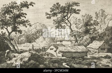 Paysage avec moulin à eau, gravure, Vue de plusieurs maisons et d'un moulin à eau près d'une cascade. Deux personnes sont assises contre une petite colline au premier plan, tandis qu'une troisième porte quelque chose sur son dos., graveur : Allaert van Everdingen, Pays-Bas, 1631 - 1675, papier, eau-forte, hauteur 101 mm x largeur 159 mm, moulin à eau dans le paysage (+ ville (-scape) avec figures, staffage)., Un paysage à l'encre montrant une scène rurale avec plusieurs arbres de formes et de feuillages variés à travers l'horizon, des buissons groupés et des sous-bois, et quelques bâtiments simples avec des toits inclinés et en chaume partiellement cachés par Banque D'Images