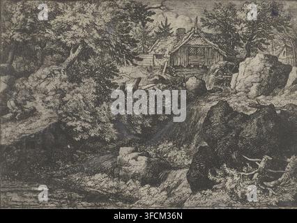Moulin à eau près d'une cascade, gravure, Vue d'une cascade avec un moulin à eau au sommet. Un homme est assis sur une souche d'arbre sur le chemin le long de l'eau., graveur : Allaert van Everdingen, Pays-Bas, 1631 - 1675, papier, gravure à l'eau-forte, hauteur 145 mm x largeur 203 mm, cascade., Une gravure monochrome montrant un paysage boisé avec un feuillage dense et des troncs d'arbres torsadés encadrant un petit bâtiment rustique avec un toit en croupe et des fenêtres à treillis près du centre supérieur. Des rochers et des blocs de pierre s'agrègent autour du bâtiment et un ruisseau cascade sur les pierres, créant une eau courante texturée. Dans la zone de gauche, une personne assise Banque D'Images