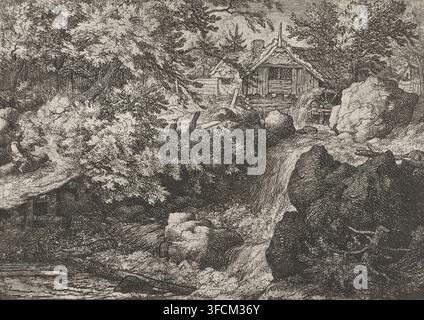 Moulin à eau près d'une cascade, estampe, Vue d'une cascade avec un moulin à eau au sommet. Un homme est assis sur une souche d'arbre sur le chemin le long de l'eau., graveur : Allaert van Everdingen, Pays-Bas, 1631 - 1675, papier, gravure à l'eau-forte, hauteur 144 mm x largeur 205 mm, cascade., Un paysage gravé en noir et blanc détaillé montrant un feuillage dense et des arbres entourant un bâtiment en bois avec un toit en croupe et une structure de roue partiellement visible à côté, des affleurements rocheux et une eau cascadante dévalant sur plusieurs rebords, des buissons texturés et des sous-bois devant le bâtiment, un chemin ou un lit de ruisseau accidenté sinuant Banque D'Images