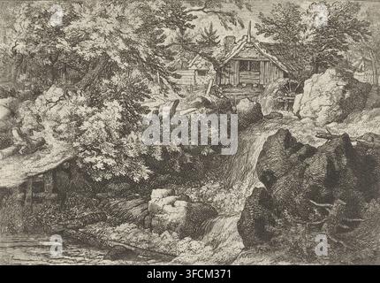 Moulin à eau près d’une cascade, gravure, Vue d’une cascade avec un moulin à eau au sommet. Un homme est assis sur une souche d’arbre sur le chemin le long de l’eau., graveur : Allaert van Everdingen, Pays-Bas, 1651 - 1675, papier, eau-forte, hauteur 137 mm x largeur 198 mm, cascade., Une gravure monochrome détaillée montre une scène riveraine boisée avec un feuillage dense et des branches remplissant le haut gauche et le centre, un bâtiment en bois rustique avec un toit en pente et une roue à eau situé près du centre droit, des affleurements rocheux et de l’eau qui dévale les rochers dans le bas droit, un chemin ou une berge le long de la gauche avec un Banque D'Images
