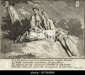 Sens du toucher, Les cinq sens représentés par des couples élégants, estampe, Paysage avec un couple habillé avec élégance. Ils se tiennent par la main. En marge, un poème de quatre lignes en français., graveur : Bernard Picart, Paris, écrivain (employé de bureau) : d' Etanssane, éditeur : Gaspard Duchange, concessionnaire du privilège : Louis XIV (roi de France), 1683 - 1710, Bernard Picart, d' Etanssane, Gaspard Duchange, Louis XIV (roi de France), écrivain (employé de bureau), éditeur, concessionnaire du privilège, papier, eau-forte, gravure, eau-forte et gravure, hauteur 90 mm x largeur 110 mm, sentiment (l'un des cinq sens)., A Banque D'Images