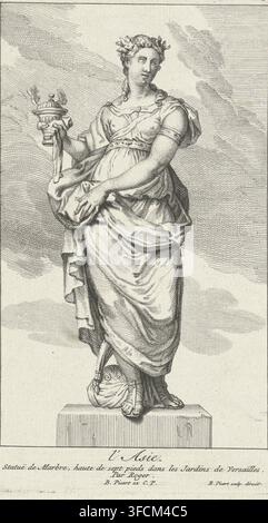 Asie, Statues des jardins de Versailles, estampe, Statue dans les jardins de Versailles. La personnification féminine de l'Asie, couronnée d'une couronne florale, tenant un brûleur d'encens. À ses pieds, un turban. En marge, une légende en français., graveur : atelier de Bernard Picart, Paris, d'après une sculpture de Léonard Roger, concessionnaire du privilège : Louis XIV (roi de France), 1709, Léonard Roger, d'après une sculpture de, papier, gravure à l'eau-forte, estampe, gravure à l'eau-forte et estampe, hauteur 177 mm x largeur 101 mm, pièce de sculpture, reproduction d'une pièce de sculpture, Asie représentée allégoriquement, 'Asie' (RIPA), V Banque D'Images