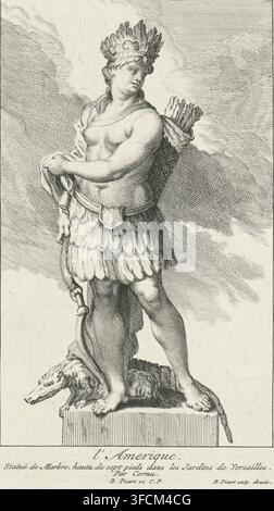 Amérique, Statues des Jardins de Versailles, estampe, Statue dans les Jardins de Versailles. La personnification féminine de l'Amérique, avec un couvre-chef, un carquois dans le dos et un arc à la main. À ses pieds, un crocodile. En marge, une légende en français., graveur : atelier de Bernard Picart, Paris, d'après une sculpture de Jean Cornu, concessionnaire du privilège : Louis XIV (Roi de France), 1709, Jean Cornu, d'après une sculpture de, papier, gravure à l'eau-forte, eau-forte, gravure à l'eau-forte et gravure, hauteur 180 mm x largeur 103 mm, pièce de sculpture, reproduction d'une pièce de sculpture, Amérique représentée allégoriquement, 'Ame Banque D'Images