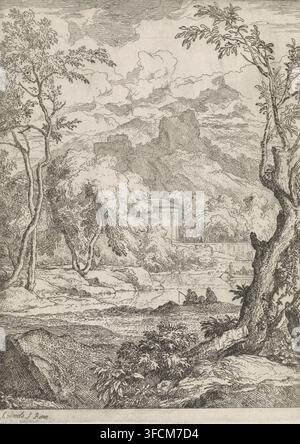 Paysage arcadienne avec un petit lac, impression, Un paysage montagneux avec un petit lac. Deux hommes pêchent dans le lac., graveur : Abraham Genoels, Rome, 1650 - 1723, papier, gravure à l'aquaforte, hauteur 194 mm x largeur 146 mm, pêche à la ligne, pêcheur, montagnes (+ paysage avec figures, staffage)., Une gravure de paysage monochrome détaillée montrant une rivière ou un ruisseau traversant un avant-plan rocheux avec des plantes feuillues et des rochers texturés, un couple assis près du bord de l'eau et une petite barque avec des figures sur l'eau plus loin ; de grands arbres noueux encadrent la scène des deux côtés avec des détails complexes Banque D'Images