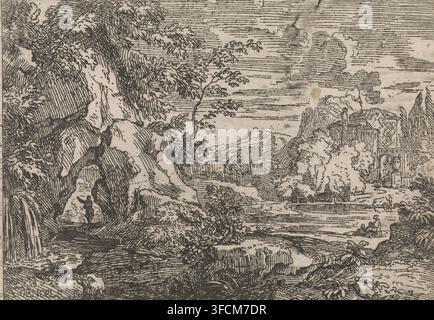 Route à travers un rocher, paysages arcadiens, estampe, Paysage montagneux avec un lac. À gauche, une route menant à un tunnel à travers un rocher. À l'arrière-plan, un temple classique. L'estampe fait partie d'une série de six paysages arcadiens., graveur : Abraham Genoels, Anvers (peut-être), 1650 - 1723, papier, eau-forte, hauteur 136 mm x largeur 195 mm, route souterraine, tunnel, temple, sanctuaire, religion romaine, lac (+ paysage avec figures, staffage)., Un dessin détaillé en noir et blanc montre un paysage rocheux avec des arbres et du feuillage, une cascade tombant d'une falaise dans un bassin sombre, et un Banque D'Images