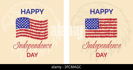 Design patriotique du Jour de l'Indépendance avec un drapeau américain stylisé, un contour d'aigle et un texte festif ‚Happy Independence Day‘ en rouge, blanc et bleu. Illustration de Vecteur