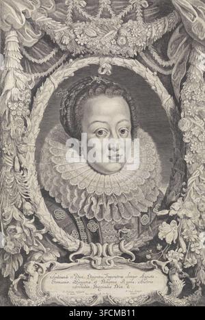 Portrait d'Eleonora Gonzaga, Ferdinandus IIus et IIIus Imperatorum Domus Austriacae, estampe, Portrait d'Eleonora Gonzaga, épouse de l'empereur allemand Ferdinand II. Le portrait est encadré de guirlandes florales. Sous le portrait se trouve une cartouche avec ses titres en latin., graveur : Pieter van Sompel, d'après un dessin de Pieter Claesz. Soutman, concessionnaire du privilège : Ferdinand III (empereur allemand), 1644 - 1650, papier, gravure, eau-forte, gravure et eau-forte, hauteur 408 mm x largeur 282 mm, Personne, Eleonora Gonzaga (1598-1655)., Un portrait gravé monochrome d'une femme représentée de la poitrine vers le haut à l'intérieur d'un Banque D'Images