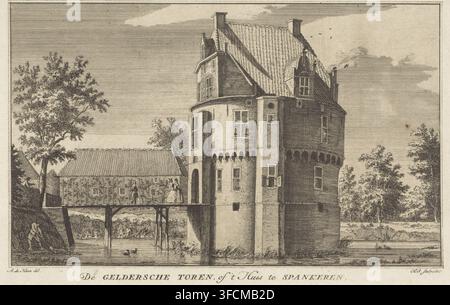 La tour de Gelderland, ou la Maison de Spankeren, Vue du château de la tour de Gelderland à Spankeren, Vues de villages et de châteaux, estampe, Numéro de série, 9, graveur : Hendrik Spilman, Haarlem, d'après un dessin d'Abraham de Haen (II), 1741, papier, eau-forte, hauteur 150 mm x largeur 225 mm, château, Château de la tour de Gelderland., Une vue architecturale détaillée à la plume et à l'encre montre une grande tour ronde avec un toit en tuiles abrupt et plusieurs fenêtres, attachée à un pont en bois couvert menant à un long bâtiment en bois avec un toit en tuiles ; deux petites figures se tiennent sur le pont, l'une portant une robe et l'autre un manteau, Banque D'Images
