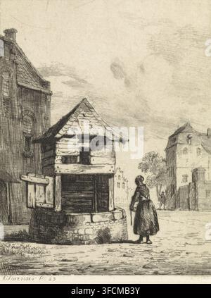 Fille près d'un puits, estampe, graveur : Cornelis Springer, Amsterdam, 1843, papier, eau-forte, technique d'impression en taille-douce, eau-forte avec ton de plaque, hauteur 119 mm x largeur 92 mm, puits. Une gravure détaillée montre un vieux puits en pierre avec un toit en bois et des panneaux fermés, placé devant un grand bâtiment avec des fenêtres en arc et un toit en tuiles sur la gauche ; une figure portant une longue robe et un châle se tient à côté du puits tenant une canne, légèrement de profil ; au milieu et en arrière-plan se trouvent d'autres bâtiments avec des toits en croupe et de petites fenêtres, quelques arbres et deux personnages éloignés en marche ; le Banque D'Images