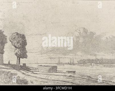 Vue de la rivière Lek près de Vreeswijk, impression, Plusieurs navires à voile sont visibles sur la rivière. Un bateau gît sur la rive à gauche. Une figure est représentée sur le chemin à côté., graveur : Jan Weissenbruch, Culemborg (peut-être), 1850, papier, eau-forte, hauteur 151 mm x largeur 198 mm, paysages, navire à voile, bateau à voile, arbres, rivière, Lek, Vreeswijk., Un paysage à la plume et à l'encre montrant une rive avec un petit bateau tiré sur le sable et une petite barque à rames à proximité, un chemin clôturé menant à travers l'herbe vers deux grands arbres feuillus à côté d'un bâtiment au bord gauche, une silhouette solitaire debout près de Banque D'Images
