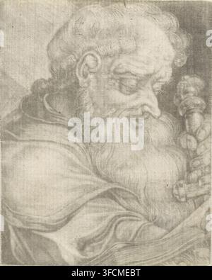 Apôtre Paul, gravure, L’apôtre Paul saisit la poignée d’une épée à deux mains., graveur : Adriaen van der Werff, Rotterdam, Düsseldorf, 1669 - 1722, papier, mezzotinte, hauteur 94 mm x largeur 74 mm, l’apôtre Paul de Tarse, attributs possibles : livre, rouleau, épée., Un dessin en niveaux de gris d’un homme barbu plus âgé montré de profil tourné vers la droite, avec des cheveux ondulés et une longue barbe bouclée, portant un tissu drapé sur les épaules et la poitrine, rendu avec un ombrage doux et des traits visibles au crayon ou au fusain, le fond simple et légèrement texturé. Banque D'Images