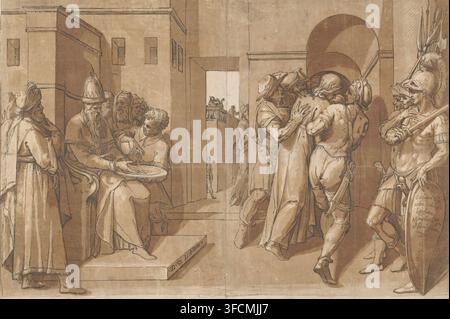 Pilate se lave les mains dans l'innocence, estampe, Pilate est assis sur son trône et se lave les mains dans l'innocence. Le Christ est emmené pour être crucifié., graveur : Andrea Andreani, Italie, d'après une sculpture de Giambologna, 1585, Giambologna, d'après une sculpture par, papier, bois gravé clair-obscur, bois gravé clair-obscur noir et brun, imprimé à partir de deux blocs de ligne en bois et six blocs de ton en bois, hauteur 435 mm x largeur 636 mm, Pilate se lavant les mains (dans l'innocence). Un dessin sépia d'une scène intérieure classique montrant des groupes de personnages vêtus et armés disposés dans un vaste espace architectural. À gauche Banque D'Images