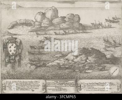 Capture de deux galères de Bizerte, estampe, Paysage marin avec galères au large des côtes de Bizerte. À gauche, les armoiries de la famille De'Medici. Trois cartouches avec texte en italien dans la marge inférieure., graveur : Stefano della Bella, 1620 - 1664, Stefano della Bella, graveur, papier, gravure à l'eau-forte, hauteur 250 mm x largeur 325 mm, navires (en général), mer, Afrique du Nord, Bizerte., Une gravure détaillée montrant une scène côtière avec de nombreux voiliers de différentes tailles sur des eaux texturées, des îles rocheuses et des promontoires émergeant de la mer, et des groupes de petites embarcations rassemblées près du rivage ; un Banque D'Images