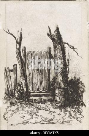 Porte en bois avec tonneau à pluie, impression, imprimeur : Jan Gerard Smits, La Haye, en 1855 ou avant, papier, chine collé, gravure, gravure sur chine collé, hauteur 111 mm x largeur 76 mm, porte, entrée. Un dessin à l’encre d’une porte en bois rustique placée entre deux troncs d’arbres érodés avec une écorce rugueuse et des branches brisées, avec une clôture de planches verticales derrière la porte ; un tonneau en bois se trouve près du tronc d’arbre droit et quelques poteaux et planches s’appuient près du côté gauche, tandis que des herbes, de petites plantes et un sol inégal avec des pierres dispersées apparaissent au premier plan. Banque D'Images