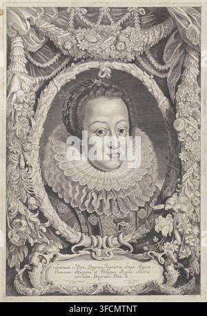 Portrait d'Eleonora Gonzaga, Ferdinandus IIus et IIIus Imperatorum Domus Austriacae, gravure, Portrait d'Eleonora Gonzaga, épouse de l'empereur allemand Ferdinand II. Le portrait est encadré de guirlandes florales. Sous le portrait se trouve une cartouche avec ses titres en latin., graveur : Pieter van Sompel, d'après un dessin de Pieter Claesz. Soutman, concessionnaire du privilège : Ferdinand III (empereur allemand), 1644 - 1650, papier, gravure, eau-forte, gravure et eau-forte, hauteur 408 mm x largeur 282 mm, Personne, Eleonora Gonzaga (1598-1655)., Un portrait gravé détaillé en noir et blanc montre une femme encadrée par un Banque D'Images