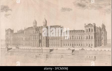 Vue du Palais de Whitehall, vu de l'eau, Le côté eau, estampe, graveur : Antoine Benoist (graveur), graveur : Edward Rooker, graveur : Pierre Charles Canot, graveur : TM Müller, 1748-03-29, papier, gravure, hauteur 568 mm x largeur 942 mm, palais, Palais de Whitehall., Un grand dessin architectural d'un bâtiment classique imposant vu de l'eau avec sa façade reflétée dans la surface calme en dessous, montrant un quai en pierre étendu avec des balustrades et des figures sculptées aux coins, un palais à plusieurs étages comportant des rangées de fenêtres en arc et rectangulaires, des colonnes ornées, Banque D'Images