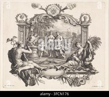 Vignette avec un couple amoureux dans un champ, impression, impression de mariage, Un couple amoureux traverse un champ vers une figure avec une torche près d'une colonne sacrificielle. La représentation est encadrée d'une bordure ornementale couronnée d'un chêne (gauche) et d'une plante de blé (droite) ainsi que des initiales des époux. Sur le côté gauche Mercure et sur le côté droit Cérès. Entre eux dans une cartouche vide. Graveur : Jan Wandelaar, Noord-Nederland, d'après un dessin de Nicolaas Verkolje, 1702 - 1759, papier, eau-forte, gravure, eau-forte et gravure, hauteur 155 mm x largeur 182 mm, (histoire de) Cérès (Déméter), couple de lo Banque D'Images