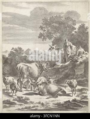 Berger et bergère avec un seau, Paysages pastoraux, impression, Numéro de série, 3, 4, Paysage avec un berger et une bergère avec un seau parmi les vaches et les moutons. Le berger et la bergère semblent avoir une conversation., graveur : Jan de Visscher, Pays-Bas du Nord, d'après un dessin de Nicolaes Pietersz Berchem, 1650 - 1701, papier, eau-forte, gravure, eau-forte et gravure, hauteur 272 mm x largeur 212 mm, pâturage, berger, bergère, bouvier, bouvière., Une scène pastorale rendue en traits fins montre un groupe d'animaux en train de paître et de se reposer au premier plan, Banque D'Images