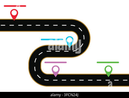 Modèle vectoriel d'infographie de roadmap coloré montrant un chemin d'autoroute sinueux avec des repères de localisation pour la planification des étapes clés commerciales et la visualisation des processus Illustration de Vecteur