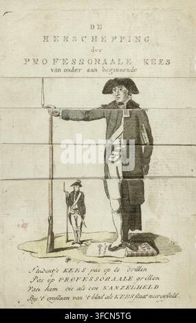 La recréation du Professeur Kees à partir du bas, Caricature du Kees, dessin humoristique, impression, Caricature avec un avertissement à l'étudiant de se méfier du professeur patriotique. Tireur patriote debout piétinant la Bible et les privilèges sous ses pieds, qui se transforme en Keeshond en repliant les rabats de l'impression. En bas, un vers de quatre lignes., graveur, Pays-Bas du Nord, papier, gravure, coloration manuelle, gravure avec pièces mobiles, partiellement colorée à la main, hauteur 156 mm x largeur 100 mm, animaux agissant comme des êtres humains, entraînement militaire (+ soldats citoyens, garde civile, Banque D'Images
