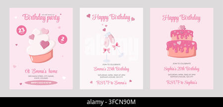 Ensemble de trois cartes d'invitation d'anniversaire roses présentant des illustrations de cupcakes, de verres à champagne et de gâteaux avec des décorations en forme de cœur. Design festif élégant Illustration de Vecteur