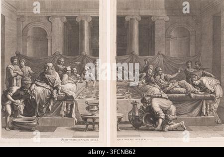 Christ dans la maison de Simon à Béthanie, Christ dans la maison de Marthe et Marie (ancien titre), Remittuntur ei peccata multa quia dilexit multum, Sept Sacrements, estampe, Sacrement de Pénitence et de Réconciliation., graveur : Jean Pesne, d'après une peinture de Nicolas Poussin, éditeur : Gérard Audran, Paris, concessionnaire du privilège : Louis XIV (roi de France), France, 1680 - 1694, papier, eau-forte, L'estampe fait partie d'une série non numérotée de sept estampes. Cet objet a été virtuellement joint pour une meilleure présentation, mais consiste physiquement en des parties séparées., Les pieds du Christ sont oints par Marie (Madeleine) Banque D'Images