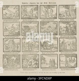 Personnages bibliques de l'Ancien Testament, estampe, estampe populaire, Feuille avec 16 illustrations de l'Ancien Testament, incluant la création, l'expulsion du paradis, le meurtre d'Abel, et Lot et ses filles. Sous chaque illustration, un vers de deux lignes., éditeur : Roode & Zn, veuve HJ de, Zaandam, Pays-Bas, 1792 - 1803, graveur, Zaanstreek, papier, gravure sur bois, impression typographique, gravure sur bois et texte en typographie, hauteur 325 mm x largeur 395 mm, Ancien Testament, expulsion d'Adam et Ève du paradis (Genèse 3:22-24), création de l'homme, le jardin d'Éden (Genèse 1:26 - 2), Lot et ses Banque D'Images