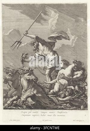 Neptune et Amphitrite, Série d'estampes d'après les peintures de Fontainebleau, estampe, Numéroté en bas à droite : 4., graveur : Michel Dorigny, France, d'après une peinture de Simon Vouet, concessionnaire de privilège : Louis XIV (roi de France), 1644, papier, gravure, eau-forte, hauteur 288 mm x largeur 207 mm, (histoire de) Neptune (Poséidon), triomphe d'Amphitrite. Une gravure dramatique montre un homme barbu musclé debout avec un drapé fluide autour de sa taille et de son épaule, tenant un long bâton à trois pointes levé au-dessus de sa tête. Il est entouré d'un groupe de personnages et d'animaux : quelques puissants chevaux avec Banque D'Images