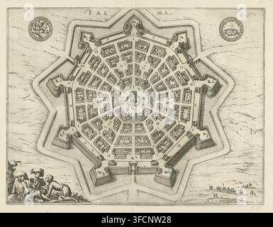 Carte de Palmanova, Palma, impression, illustration de livre, graveur : Jan Luyken, Amsterdam, graveur : Frans Hogenberg, graveur : Symon Novelanus, éditeur : Johannes Janssonius van Waesberge (II), 1598, 1682, papier, gravure à l'eau-forte, hauteur 354 mm x largeur 463 mm, cartes de villes, Frioul-Vénétie julienne, Palmanova., Une vue aérienne d'une ville fortifiée en forme d'étoile dessinée en traits fins, montrant des rues concentriques et un agencement radial de bâtiments regroupés autour d'une tour ronde centrale ; les fortifications comprennent des bastions angulaires et des murs extérieurs épais avec des portes et des remparts, et il y a de petites figures Banque D'Images