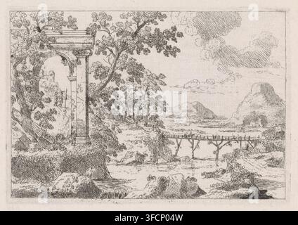 Paysage fluviale avec pont en bois, impression, Paysage fluvial avec un long pont en bois au loin sur lequel des personnages marchent. Sur la rive gauche se dresse un vestige d'une structure ancienne., graveur : Pieter Langendijk (I), 1693 - 1756, papier, eau-forte, hauteur 100 mm x largeur 144 mm, pont, paysage avec ruines - II - paysages idéaux (+ variante)., Un paysage d'encre finement détaillé montrant un arc en pierre en ruine et une colonne partiellement envahis par des arbres et du feuillage à gauche, une rivière ou un ruisseau sinueux traversant des berges rocheuses vers l'avant-plan, un pont en bois enjambant l'eau avec Banque D'Images