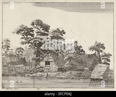 Maisons près d'un étang, gravure, Près d'un étang, où deux canards nagent, se trouve une maison en bois avec un petit abri dans l'eau à sa droite. En arrière-plan, on peut voir plusieurs maisons parmi les arbres et des oiseaux volent dans le ciel., graveur : Anna Maria de Koker, 1640 - 1698, papier, eau-forte, hauteur 158 mm x largeur 202 mm, cottage, arbres, étang., Un dessin à l'encre détaillé montre une scène riveraine avec un groupe de bâtiments rustiques nichés parmi plusieurs grands arbres feuillus, leurs branches et leur feuillage rendus avec des lignes fines et denses ; des toits de chaume et des planches de bois sont visibles sur les structures, une Banque D'Images