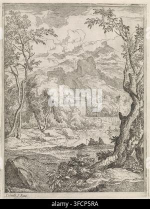 Paysage arcadienne avec un petit lac, estampe, Un paysage montagneux avec un petit lac. Deux hommes pêchent dans le lac., graveur : Abraham Genoels, Rome, 1650 - 1723, papier, gravure à l’eau-forte, hauteur 194 mm x largeur 146 mm, pêche à la ligne, pêcheur, montagnes (+ paysage avec figures, staffage)., Une gravure paysage en noir et blanc finement détaillée montrant un avant-plan riverain boisé avec des rochers texturés, des buissons et un tronc d’arbre penché à droite ; quelques arbres élancés s’élèvent à gauche avec un feuillage rendu en lignes fines, encadrant un plan moyen de cimes d’arbres denses et un bâtiment classique en forme de dôme partiellement Banque D'Images