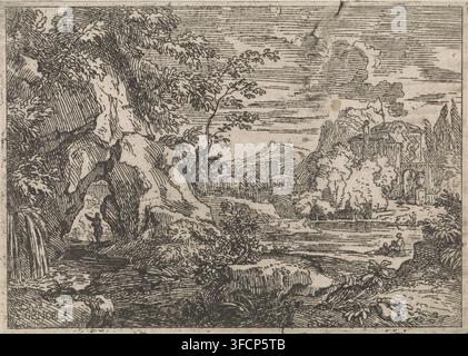 Route à travers une roche, paysages arcadiens, estampe, Paysage montagneux avec un lac. À gauche, une route menant à un tunnel à travers une roche. À l'arrière-plan, un temple classique. L'estampe fait partie d'une série de six paysages arcadiens., graveur : Abraham Genoels, Anvers (peut-être), 1650 - 1723, papier, eau-forte, hauteur 136 mm x largeur 195 mm, route souterraine, tunnel, temple, sanctuaire, religion romaine, lac (+ paysage avec figures, staffage)., Un paysage détaillé en encre noire et blanche montrant des falaises rocheuses et des rochers courbés à gauche avec une petite cascade déversant dans une mare, un élancé Banque D'Images