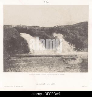 Vue des chutes de Coo à Stavelot, Belgique, Cascade de Coo, Spa, page, impression photomécanique, inscription : 'SE VEND CHEZ F. ENGEL A SPA.', inscription : 'PHOTOLITH. SIMONAU & TOOVEY, d'après la procédure de M. ASSER.', photographe : CF, Stavelot, fabricant de cliché : Simonau & Toovey, Bruxelles (peut-être), c. 1859 - avant c. 1864, papier, photolithographie, hauteur 163 mm x largeur 206 mm, cascade, Ardennes, Chutes de Coo. Une large image monochrome montre une cascade dévalant entre des falaises rocheuses sombres, avec une eau écumante éclaboussant à la base et s'écoulant dans un lit de rivière texturé, un faible Banque D'Images