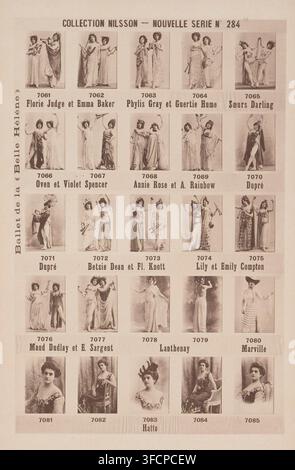 25 portraits de Florie Judge, Emma Baker et autres, Collection Nilsson - Nouvelle Série, page, impression photomécanique, inscription : 'Ballet de la &lt, &lt, Belle Hélène &gt, &gt, Florie Judge et Emma Baker Phylis Gray et Guertie Hume Soeurs Darling, Oven et Violet Spencer Annie Rose et A. Rainbow Dupré, Dupré Betsie Dean et Fl. Knott Lily et Emily Compton, Maud Dudley et E. Sargent Lanthenay Marville, Hatto', numéro : 'No 284', c. 1895 - en ou avant 1900, papier, collotypie, impression photographique, hauteur 238 mm x largeur 153 mm, personnes historiques - BB - femme, portrait d'acteur, actrice., Une feuille sépia Banque D'Images
