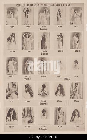 25 portraits de Frandaz, Madge et Deberrio, Collection Nilsson - Nouvelle Série, page, impression photomécanique, numéro : 'No 303', c. 1895 - avant 1900, papier, collotype, impression photographique, hauteur 237 mm x largeur 152 mm, personnes historiques - BB - femme. Une feuille verticale avec une grille de photographies en sépia montrant des femmes dans diverses poses et tenues, disposées en rangées horizontales séparées par des bandes vides ; chaque photographie a un cadre rectangulaire et montre des femmes avec des coiffures et des vêtements différents, certaines debout, d'autres assises, certaines regardant directement l'appareil photo et d'autres regardant vers Banque D'Images