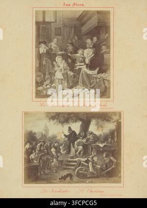 Jan Steen - Le Charlatan, Jan Steen - La Fête de Saint-Nicolas, Reproductions photographiques de La Fête de Saint-Nicolas par Jan Steen et Le Charlatan par Jan Steen, photographie, reproduction, Cette photo fait partie d'une couverture avec 25 photos., annotation : 'Musée d'Amsterdam', d'après une peinture de Jan Havicksz. Steen, c. 1866 - c. 1874, Jan Havicksz. Steen, photographe, d'après une peinture par, papier, carton, impression à l'albumine, albumendruk, hauteur 114 mm x largeur 97 mm x hauteur 93 mm x largeur 126 mm, Nicolas (Ève) (5 décembre), (jouer avec) des poupées, charlatan, escroc, bateleur, 'saltimbanco', pleurer, extraire des remèdes charlatans Banque D'Images