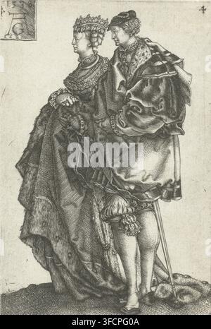 Couple dansant no. 4, Grands couples d'invités de mariage dansant, impression, Numéro de série, 4, 12, Couple dansant, tourné vers la gauche. La dame tient sa robe relevée. Quatrième impression d'une série de douze., numéro : '95', graveur : Heinrich Aldegrever, Allemagne, 1538, papier, gravure, gravure, hauteur 117 mm x largeur 78 mm, danse lors d'un festin de mariage, un couple danse, homme et femme dansant en couple, costume, Période, 1525 - 1549., Une gravure en noir et blanc finement détaillée montre une femme et un homme debout vêtus de vêtements historiques ornés, vus de profil avec la femme devant et l'homme légèrement Banque D'Images