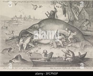 Les gros poissons mangent les petits poissons, impression, Les gros poissons mangent les petits poissons. Un gros poisson coincé sur la rive est découpé par un petit homme avec un couteau, faisant émerger de nombreux petits poissons et coquillages du ventre et de la bouche. Au premier plan, une petite barque dans laquelle un père montre le spectacle à son fils et à un pêcheur. Sous l'image, une ligne en latin et une ligne en néerlandais., graveur, d'après une impression par, d'après un dessin par, éditeur, Amsterdam, Pieter van der Heyden, Pieter Bruegel (I), papier, gravure, hauteur 221 mm x largeur 294 mm, poissons, proverbes, dictons, monstres plus grands Banque D'Images